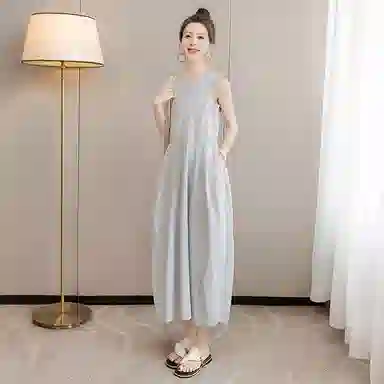 丝柏舍 简约圆领纯色休闲风中长款无袖连衣裙 女款