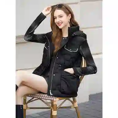 她池 抽绳收腰显瘦中长款马甲连帽棉服 女款 黑色