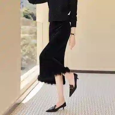 她池 纯色修身简约中长款休闲长裙 女款 黑色