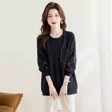 丝柏舍 拼接木耳边圆领套头宽松立体花朵拼色休闲设计感长袖卫衣 女款 藏青色