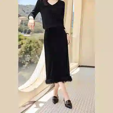 她池 纯色修身简约中长款休闲长裙 女款 黑色