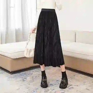 她池 纯色百褶宽松休闲长裙 女款 黑色