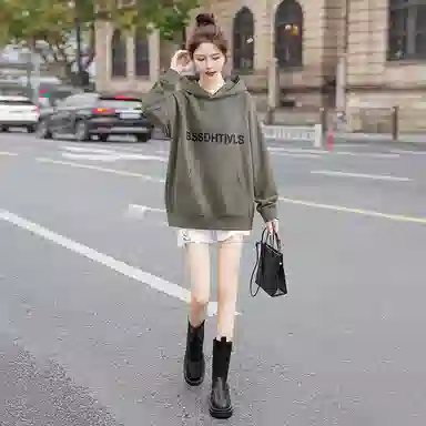 丝柏舍 连帽撞色字母图案上衣学院风减龄宽松长袖休闲加绒卫衣 女款 橄榄绿