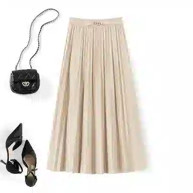 她池 纯色百褶半身休闲长裙 女款 黑色