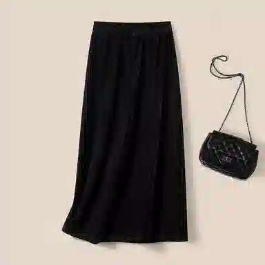 她池 高腰复古纯色休闲长裙 女款 黑色