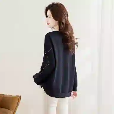 丝柏舍 拼接木耳边圆领套头宽松立体花朵拼色休闲设计感长袖卫衣 女款 藏青色