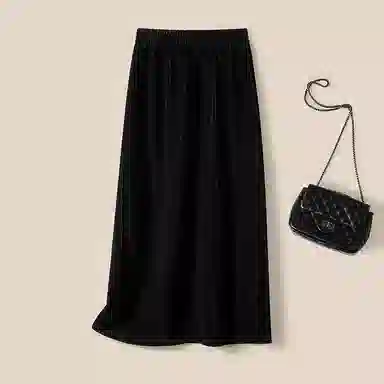 她池 高腰复古纯色休闲长裙 女款 黑色