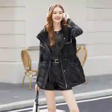 她池 抽绳收腰显瘦中长款马甲连帽棉服 女款 黑色