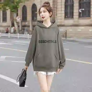 丝柏舍 连帽撞色字母图案上衣学院风减龄宽松长袖休闲加绒卫衣 女款 橄榄绿