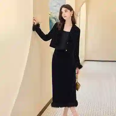 她池 纯色修身简约中长款休闲长裙 女款 黑色