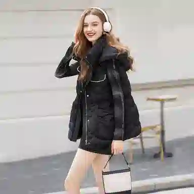 她池 抽绳收腰显瘦中长款马甲连帽棉服 女款 黑色