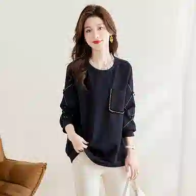 丝柏舍 拼接木耳边圆领套头宽松立体花朵拼色休闲设计感长袖卫衣 女款 藏青色