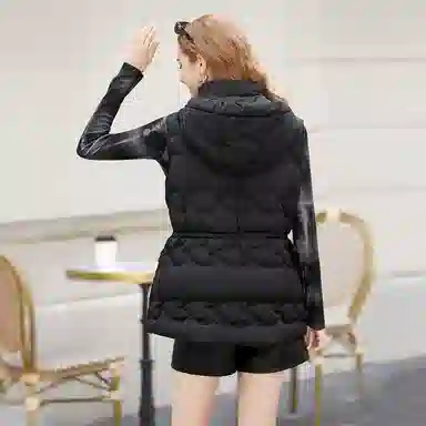 她池 抽绳收腰显瘦中长款马甲连帽棉服 女款 黑色