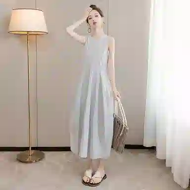 丝柏舍 简约圆领纯色休闲风中长款无袖连衣裙 女款