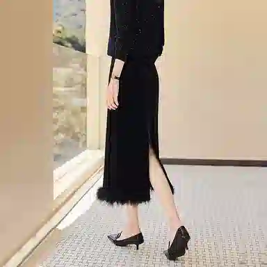 她池 纯色修身简约中长款休闲长裙 女款 黑色