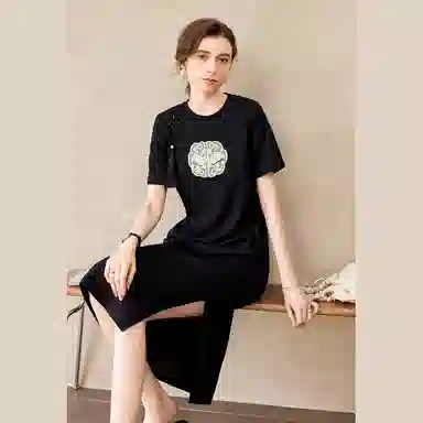 她池 修身中长裙新中式盘扣短袖连衣裙 女款