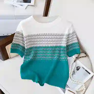 她池 条纹圆领套头针织衫 女款