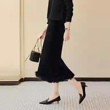 她池 纯色修身简约中长款休闲长裙 女款 黑色