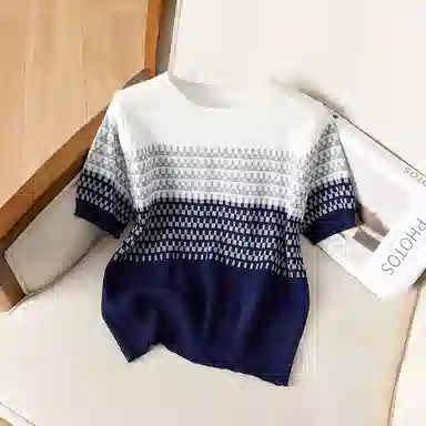 她池 条纹圆领套头针织衫 女款