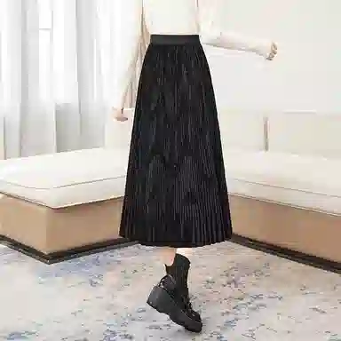 她池 纯色百褶宽松休闲长裙 女款 黑色