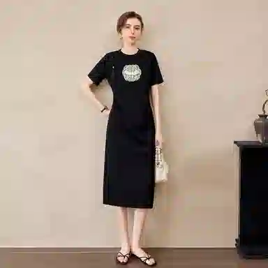 她池 修身中长裙新中式盘扣短袖连衣裙 女款