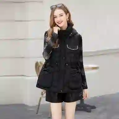 她池 抽绳收腰显瘦中长款马甲连帽棉服 女款 黑色