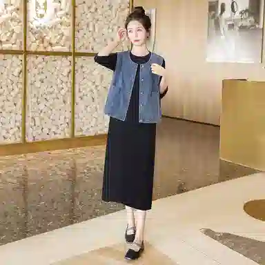 丝柏舍 复古单排扣牛仔马甲搭七分袖圆领中长款连衣裙简约裙装套装 女款 外深蓝里黑