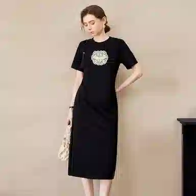 她池 修身中长裙新中式盘扣短袖连衣裙 女款