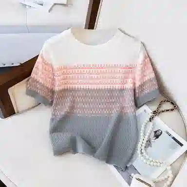 她池 条纹圆领套头针织衫 女款