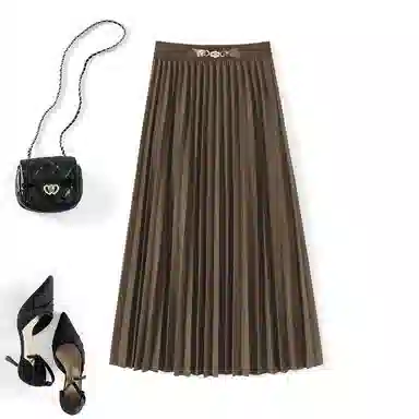 她池 纯色百褶半身休闲长裙 女款 黑色