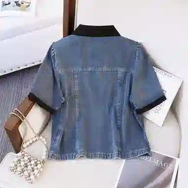 她池 翻领短袖单排扣短款外搭牛仔外套 女款 浅蓝色
