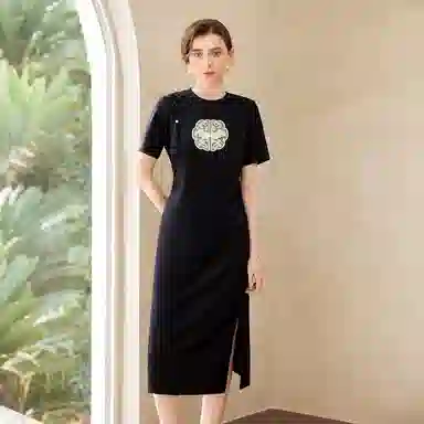 她池 修身中长裙新中式盘扣短袖连衣裙 女款