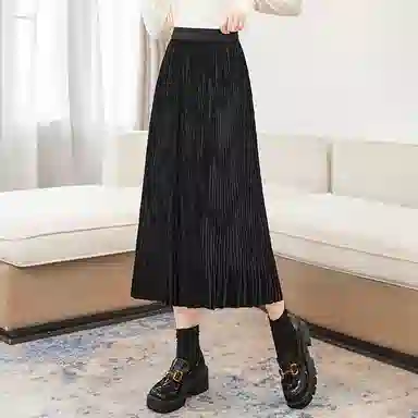 她池 纯色百褶宽松休闲长裙 女款 黑色