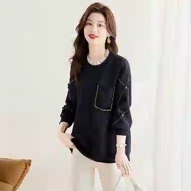 丝柏舍 拼接木耳边圆领套头宽松立体花朵拼色休闲设计感长袖卫衣 女款 藏青色