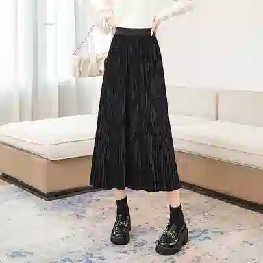 她池 纯色百褶宽松休闲长裙 女款 黑色