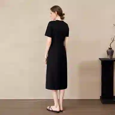 她池 修身中长裙新中式盘扣短袖连衣裙 女款