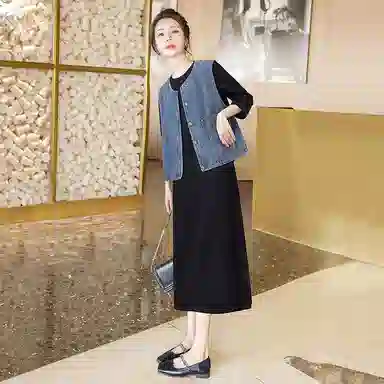 丝柏舍 复古单排扣牛仔马甲搭七分袖圆领中长款连衣裙简约裙装套装 女款 外深蓝里黑