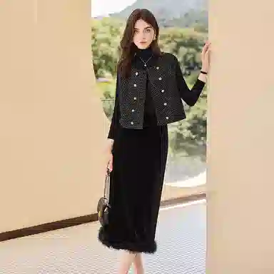 她池 纯色修身简约中长款休闲长裙 女款 黑色