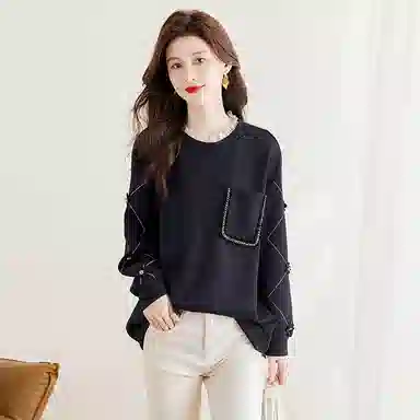 丝柏舍 拼接木耳边圆领套头宽松立体花朵拼色休闲设计感长袖卫衣 女款 藏青色