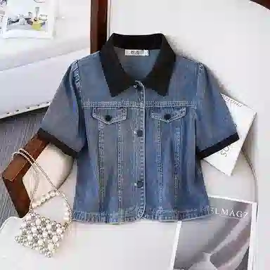 她池 翻领短袖单排扣短款外搭牛仔外套 女款 浅蓝色