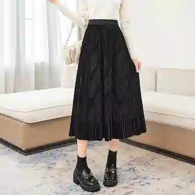 她池 纯色百褶宽松休闲长裙 女款 黑色