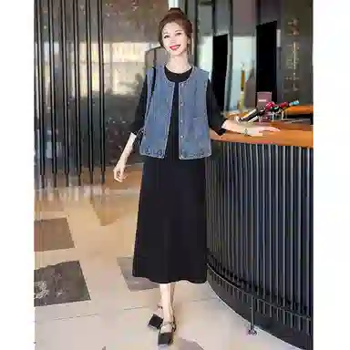 丝柏舍 复古单排扣牛仔马甲搭七分袖圆领中长款连衣裙简约裙装套装 女款 外深蓝里黑