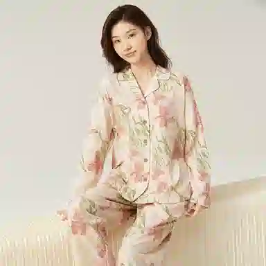 顶瓜瓜 舒适透气印花翻领长袖上衣松紧腰长裤睡衣套装 女款