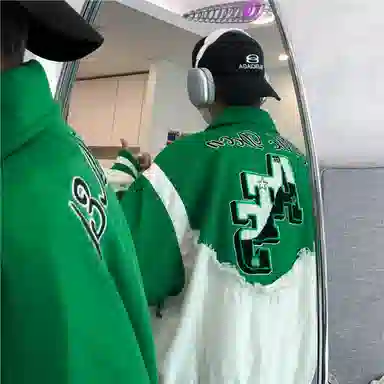 美式复古拼接字母刺绣宽松百搭牛仔外套棒球服 男女同款