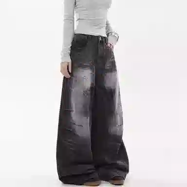 美式高街潮牌重工水洗做旧设计百搭休闲阔腿牛仔裤 男女同款