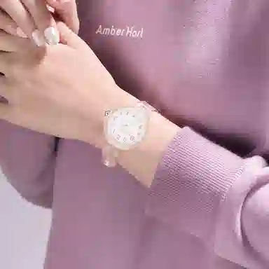 番米拉果冻透明手表女考试专用女款女生学生初高中简约气质高颜值 石英机芯 树脂表带 国表 女表 白色表盘