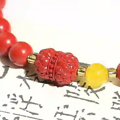 潘家园 设计款圆珠配莲台平安锁#好运 朱砂 手串 男女同款情侣款