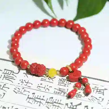 潘家园 设计款圆珠配莲台平安锁#好运 朱砂 手串 男女同款情侣款