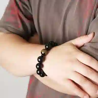 潘家园 乌金黑耀石搭配经文黑玛瑙 小众设计复古高级感 玉石手串 男女同款情侣款