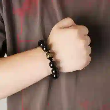 潘家园 乌金黑耀石搭配经文黑玛瑙 小众设计复古高级感 玉石手串 男女同款情侣款